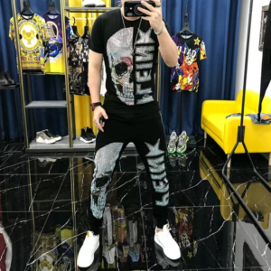 03 New European and American Style Men's Hot-Fix Rhinestone Skull Summer Set outfits