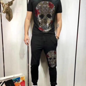 01 New European and American Style Men's Hot-Fix Rhinestone Skull Summer Set outfits