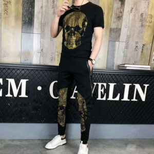 02 New European and American Style Men's Hot-Fix Rhinestone Skull Summer Set outfits