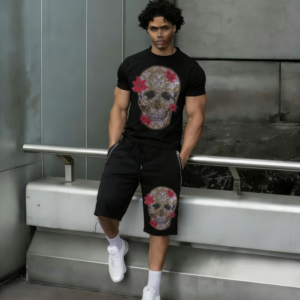 Popular men's two-piece set outfit with shiny rhinestones summer tracksuit trendy outfit