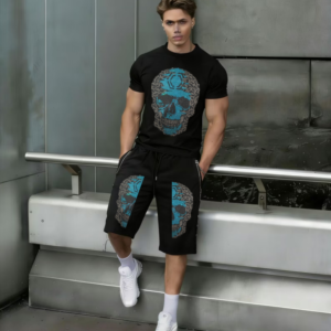 Modern men's two-piece set outfit with sparkling rhinestones summer tracksuit for men