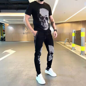 High quality men's two-piece set outfit with bling rhinestones summer tracksuit casual wear